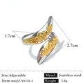 Bague ajustable en acier inoxydable bicolore avec motif floral élégant et accents dorés - Réglable / Style de décoration en relief floral (JZ-YS538-4) / Bicolore (Or et Argent)