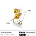 Bague ajustable unique en acier inoxydable bicolore or et argent avec perles - Réglable / Style de contraste à perles rondes fluides (JZ-YS571-J) / Bicolore (Or et Argent)