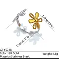 Bague ajustable en acier inoxydable bicolore avec motifs libellule et fleur dorée - Réglable / Style de combinaison ailes et fleurs (JZ-YS728) / Bicolore (Or et Argent)
