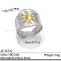Bague ajustable en acier inoxydable bicolore avec motif soleil en argent et or 18K - Réglable / Style large martelé à étoile octogonale (JZ-YS730) / Bicolore (Or et Argent)