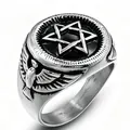 Vintage stainless steel hexagram ring with detailed eagle embossed motifs for men - US Size 9 / Silver
