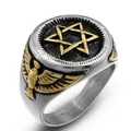 Vintage stainless steel signet ring featuring a gold-tone hexagram and eagle relief design - US Size 9 / Gold and Silver