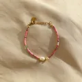 Detailed view of handmade Bohemian beaded bracelet featuring pink beads and white pearl - Pink Textured Artificial Pearl Style (J) / 17+3cm