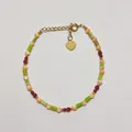 Close-up of bohemian handmade beaded bracelet with heart charm and gold-tone clasp - Orange Green Dark Red Multicolor Style (I) / 17+3cm