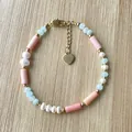 Detailed macro view of bohemian handmade beaded bracelet with pink coral beads and white pearls - Pink Light Blue Artificial Pearl Style (N) / 17+3cm