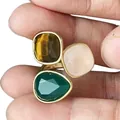 Bague ajustable en titane doré 14K sertie d'oeil de tigre et d'agate verte naturelle - Or - Couleurs Mixtes 25