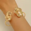Elegant gold adjustable open cuff bracelet featuring two detailed flower charms - 3D Five-Petal Flower Open Bangle (H-168)