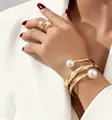 Elegant golden multi-layer spiral bracelet and matching ring with pearls for women - Spiral Pearl Bangle and Ring Set (A-1131)