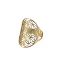 Eleganter vergoldeter Edelstahlring mit geometrischem Flower of Life Ausschnitt-Design - Einstellbar Offen / Schmaler ovaler Hohlstil / Gold