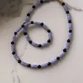 Franse retro kralenketting met blauwe en paarse stenen en gouden kralen - Lichtpaarse Ketting met Textuur en Donkerblauwe Kralen / 38+5cm