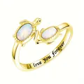 Elegant gold sea turtle open ring featuring iridescent opal stones and forever love engraving - Adjustable Open / Gold