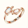 Elegant rose gold turtle wrap ring with white opal stones and forever love engraving - Adjustable Open / Rose Gold