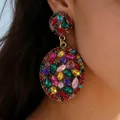 Bohemian style luxury multicolor rhinestone encrusted circular metal drop earrings for women - 9444