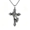 Detailed macro shot of vintage stainless steel praying hands and rosary cross pendant - Praying Hands Cross (Silver + Stainless Chain)