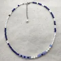 Detail view of vintage natural stone and pearl beaded necklace with extender chain. - Style 5 (Necklace)