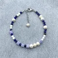 Detail view of mixed natural stone beaded bracelet with pearls and lapis on denim - Style 5 (Bracelet)