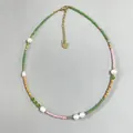 Detailed view of handmade beaded necklace with colorful seed beads and freshwater pearls. - Three-Color Seed Bead Pearl Style / Short Choker Length / Multi-color