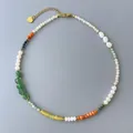 Mixed natural stones and white pearls vintage beaded necklace detail with gold clasp. - Style 32 (Necklace)