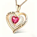 Close-up detail of the heart pendant necklace with pink birthstone and love engraving - July-Red