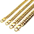 Detail view of golden stainless steel Cuban link chains in four widths with lobster clasps. - 8mm Wide Square Clasp / 80cm / Gold