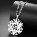 Zilveren roestvrijstalen ketting met Davidster en Bloem des Levens geometrische hanger - Hexagram ketting met bloem - Staalkleur