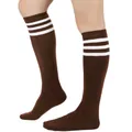 Chaussettes montantes marron avec trois rayures blanches pour un look style JK. - Taille unique / 53# Café à rayures blanches
