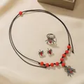 Gothic Halloween spider jewelry set including necklace earrings and ring with red beads - Necklace Ring and Earrings Set / Red