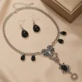 Vintage silver gothic dark Halloween jewelry set with black drop stone necklace and earrings - Necklace + Earrings Set / Antique Silver