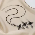 Gothic rose cross jewelry set featuring black cord necklace and matching vintage earrings - Choker and Earrings Set / Antique Silver