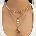Boho goud gelaagde ketting met unieke cactus en zonnestraal hangers in retro stijl - Zon en Cactus 3-laags Ketting (WG-0139) / KC Goud