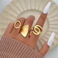 Golden gothic style geometric open ring set featuring irregular and spiral designs - Gothic Irregular Geometric Open Ring Set (6335101HB) / Gold