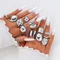 Trendy 22-piece silver chunky ring set for women with gothic and molten metal designs - Gothic Lava Geometric Style (6386101HB) / 22-Piece Set / Silver