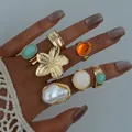 Elegant bohemian gold ring set featuring flower, pearl, and colorful vintage stones - Bohemian Artificial Pearl Style (6516301HB) / Gold