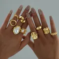 Luxury 22-piece gold Gothic joint ring set featuring faux pearls and geometric shapes - Gothic Bohemian Butterfly Style (6565601HB) / Gold