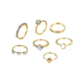 Elegant 7-piece bohemian gold ring set with light blue and amber synthetic stone accents - Bohemian Faux Gemstone Textured Ring Set (5392201) / 7-Pack Set / Gold