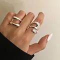 Chunky silver irregular open rings with minimalist geometric design shown on hand - One Size / Silver Industrial Style Geometric 2-Piece Set (5874001)