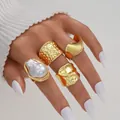Gold-tone organic geometric ring set with large white baroque simulated pearl - Gold Baroque Artificial Pearl Geometric Style (6505601HB) / Set of 4 / Gold