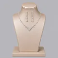 Elegant bridal crystal jewelry set including V-shape necklace and drop earrings on stand - Princess Banquet Jewelry Set (NS-J6433) / Silver