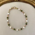 Bracelet fait main élégant avec perles d'eau douce baroques et perles colorées - Style Perle d'Eau Douce Rose-Vert (P2)