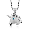 Sparkling iced out silver unicorn head pendant necklace with blue eye for hip hop style - 60cm Stainless Steel Chain / Silver