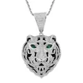Collier avec pendentif tête de tigre hip-hop serti de zircons blancs et yeux verts - Argent (Grand Fermoir + Chaîne Torsadée en Acier Inoxydable 3mm*60cm)