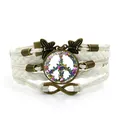 Handmade multi-layer braided white bracelet featuring colorful peace butterfly cabochon charm - Butterfly Peace Sign Style (XSWX9441) / White