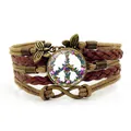 Handmade braided multi-layer bracelet with colorful butterfly peace sign charm. - Butterfly Peace Sign Style (XSWX9441) / Brown