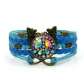 Hand-woven multi-layer blue braided bracelet with colorful peace sign and butterfly - Colorful Floral Peace Sign Style (XSWX9440) / Blue