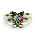 Handmade multilayer woven bracelet with colorful peace sign gem and butterfly charms - Colorful Floral Peace Sign Style (XSWX9440) / White