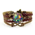 Handmade multi-layer woven bracelet with colorful peace sign and butterfly charms - Colorful Floral Peace Sign Style (XSWX9440) / Brown