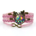 Pink multi-layer braided bracelet with colorful peace sign gem and infinity charm - Colorful Floral Peace Sign Style (XSWX9440) / Pink