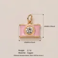 Pink camera pendant, copper 18K gold plated DIY jewelry accessory with zircon stone - Pink Camera Pendant