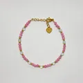 Detail view of bohemian beaded bracelet featuring pink and iridescent white stones - Pink Matte Faceted Style (Bracelet 26)