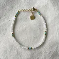 Bohemian natural stone beaded bracelet with clear crystals and a golden heart pendant - White and Sky Blue Faceted Style (Bracelet 22)
